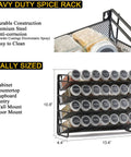 No Sweat Pantry Setup Four Tier Spice Rack Organizer With 28 Square Glass Jars And Complete Label Kit Funnel Set For Cabinet Wall Mount Black Steel Kitchen Storage, detailed view showing jars and dimensions.