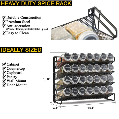 No Sweat Pantry Setup Four Tier Spice Rack Organizer With 28 Square Glass Jars And Complete Label Kit Funnel Set For Cabinet Wall Mount Black Steel Kitchen Storage, detailed view showing jars and dimensions.