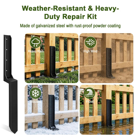 Heavy Duty Fence Post Repair Kit With Rock Solid H Shaped Steel Extenders And Dead Simple Ground Spike Anchors for sturdy fence support.