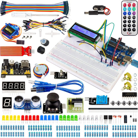 Starter Kit For Arduino Projects With Breadboard, LCD1602 Module, Jumpers, Servo, Sensors, LEDs, And 28 Free Lessons Plus Detailed Tutorial laying