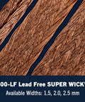 Close-up of Lead Free Desoldering Braid Pro Grade Fine Weave Super Wick For Solder Removal, highlighting weave and available widths.