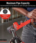 Person using Heavy Duty 14 Inch Straight Pipe Wrench With Forged Alloy Jaws For Fast Gripping And Quick Ratcheting Action 2 Inch Pipe Capacity Red Plumbers Wrench Built For Pro And Home Use In Tight Spots on a metal pipe indoors.