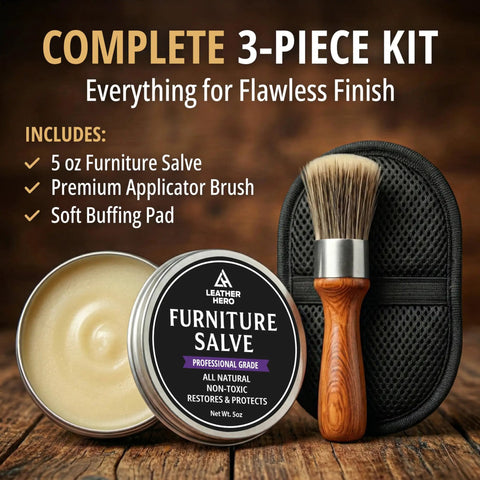 Absolute Game Changer Three In One Furniture Salve For Leather And Wood Polish Conditioner Restorer 3-piece kit with brush and pad.