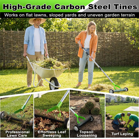 Wheeled Thatch Rake For Lawns, 15.28 Inch Steel Dethatcher With Adjustable 0 To 15 Degree Angle And 62.99 Inch Handle, Heavy Duty Yard Tool For Dead Grass Moss Removal And Lawn Care used by gardeners on lawns