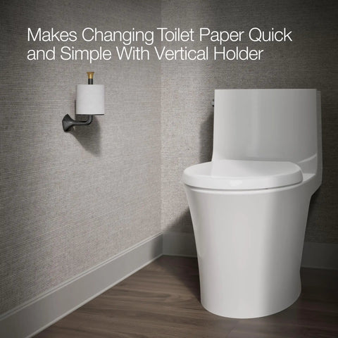 Occasion Vertical Toilet Paper Holder With No-Fuss Easy-Access Spindle next to modern bathroom toilet focus on corrosion-resistant finish