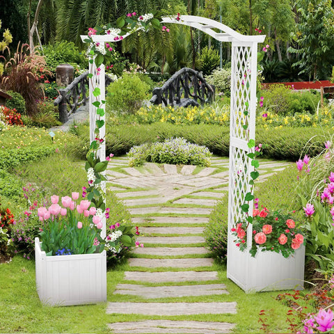 Durable Fir Wood Garden Arbor With Planter Boxes And Trellis For Climbing Plants Veggies And Herbs White Outdoor Archway