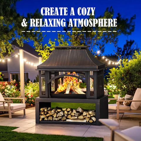 39 Inch Fire Pit With Wood Storage For Outside Large Wood Burning Outdoor Fireplace With Chimney Mesh Spark Screen And Fire Poker