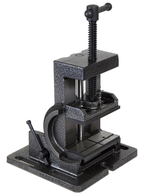 Beefy Tilting Vise For Benchtops And Drill Presses With A 4.25 Inch Jaw Opening 4.25 By 1.75 Inch Jaws Powder Coated Cast Iron Seven Tilting Stops 0 To 90 Degrees Five Half Inch Mounting Brackets For Drill Press Tables, 90-degree setup