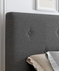 Queen Size Linen Bed Frame With Adjustable Headboard Grey Upholstered Design showing tufted grey headboard detail.