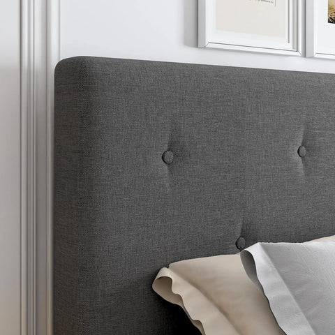 Queen Size Linen Bed Frame With Adjustable Headboard Grey Upholstered Design showing tufted grey headboard detail.