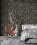 Living room with Light Gold Vintage Floral Butterfly Peel and Stick Wallpaper on Dark Background Retro Vinyl Self Adhesive Contact Paper