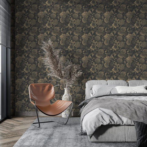 Living room with Light Gold Vintage Floral Butterfly Peel and Stick Wallpaper on Dark Background Retro Vinyl Self Adhesive Contact Paper