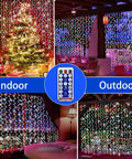 Outdoor Solar Curtain String Lights With 300 Super Bright Warm White LEDs covering indoor and outdoor spaces with remote control.