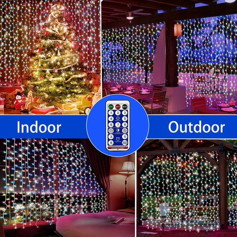 Outdoor Solar Curtain String Lights With 300 Super Bright Warm White LEDs covering indoor and outdoor spaces with remote control.