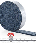 Roll of foil backed cotton pipe wrap insulation and wrapped pipe, 2 inches wide by half inch thick, prevents freezing, 15-foot roll.