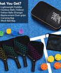 All In One Pickleball Gear Kit With 4 Fiberglass Graphite Paddles, Balls, Bag, and Accessories on blue court surface
