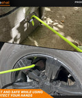 Heavy Duty 32 Inch Manhole Cover Lifting Hook Set, Chrome Plated Solid Steel, inserted under car tire and manhole cover