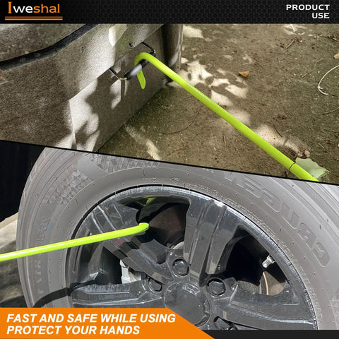 Heavy Duty 32 Inch Manhole Cover Lifting Hook Set, Chrome Plated Solid Steel, inserted under car tire and manhole cover