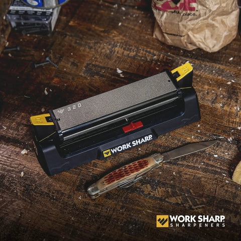 Three Sided Benchstone Knife Sharpener with Diamond and Ceramic Abrasives, Adjustable 20 or 25 Degree Guides, Coarse, Medium, and Fine
