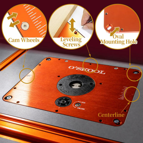 Close-up of Heavy Duty Router Table Lift System For 4 2 Inch Router Motors With Solid Aluminum Base Plate features like cam wheels and leveling screws.