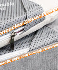 Close-up of concealed zipper design on custom bench cushions with three firmness options soft medium or firm ninety plus waterproof scratch resistant fabric six cozy all weather indoor outdoor designs for patio garden and dining areas.