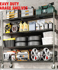 Beefy Heavy Duty Metal Wire Shelving Unit with Wheels, 4 Tier Industrial Storage Rack in garage setting filled with tools and tires.