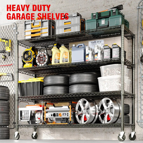 Beefy Heavy Duty Metal Wire Shelving Unit with Wheels, 4 Tier Industrial Storage Rack in garage setting filled with tools and tires.