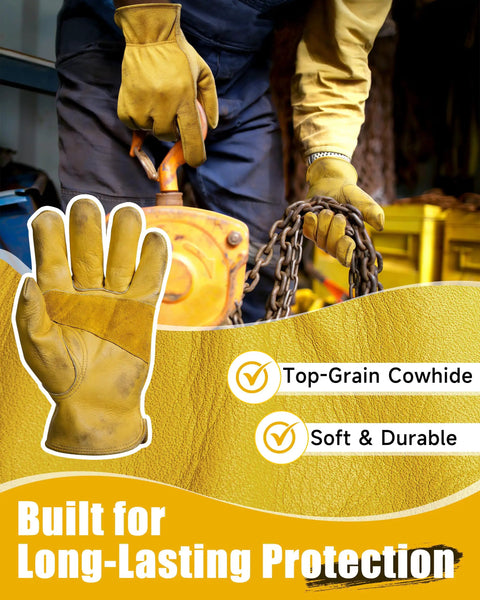 Cowhide Leather Work Gloves For Men And Women Reinforced, Durable Gardening Gloves With Puncture And Cut Resistance, Abrasion Resistant 1.2mm Thick, Flexible, Comfortable Fit For DIY, Landscaping, And Tough As Nails Heavy Duty Tasks shown with top-grain cowhide material label.