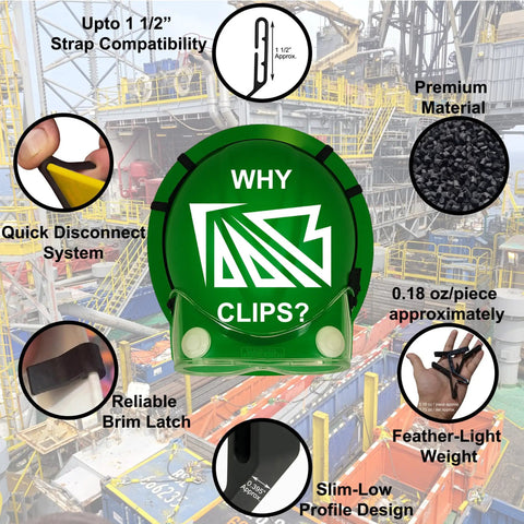 Infographic showing features of Must Have On The Job Multipurpose Full Brim Hard Hat Clips And Hooks For Headlamps And Safety Goggles 2 In 1 Helmet Accessory With Quick Tool Free Install Compatible With MSA V Gard, including strap compatibility, premium material, and lightweight design.