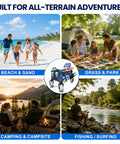 Collage showing beach, park, campsite, and river with Beast Heavy Duty Beach Wagon With 9x4 All Terrain Sandproof Wheels, 300L Oversized Foldable Cart And Side Bag, No Sink Utility Wagon For Beach, Camping, Sports And Outdoor Adventures, Easy Pull On Sand And Rough Terrain Navy