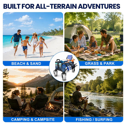 Collage showing beach, park, campsite, and river with Beast Heavy Duty Beach Wagon With 9x4 All Terrain Sandproof Wheels, 300L Oversized Foldable Cart And Side Bag, No Sink Utility Wagon For Beach, Camping, Sports And Outdoor Adventures, Easy Pull On Sand And Rough Terrain Navy