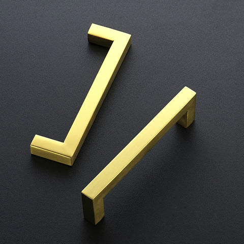 Close-up of two 25 Pack 4 Inch Gold Cabinet Pulls Brushed Brass Square Hardware For Kitchen Cabinets And Drawers 102mm Center To Center Hole Center Easy Install