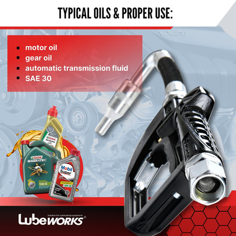 Oil Transfer Pump Control Valve Nozzle Manual 1-35 LPM And 0.3-9.2 GPM Beefy Built Tough For Motor Hydraulic Gear Oil Transmission Fluids Ergonomic Aluminum Handle Zero Back Pressure Smooth Dispense In Liter Gallon Pint Quart