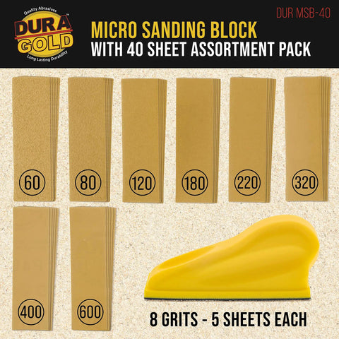 DIY Friendly Micro Hand Sanding Block Kit With 3.5 X 1 Inch Pad And Hook And Loop Backing, 40 Sandpaper Sheets, various grits