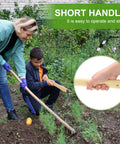 Woman and child using Heavy Duty Narrow Hoe 15 Inch Stainless Steel Mattock Garden Tool With Waxed Wood Handle in a garden