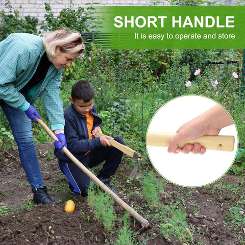 Woman and child using Heavy Duty Narrow Hoe 15 Inch Stainless Steel Mattock Garden Tool With Waxed Wood Handle in a garden