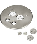 Heavy Duty Screw Cap Floor Outlet Cover With Twist Lock Flip Up Flange And 20 Amp Duplex Receptacle Premium Nickel Plated Brass Finish with two outlets.