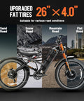 Dual Motor Electric Bike For Adults With Four Thousand Watt Power And Forty Six Mph Speed Featuring A Massive Fifty Two Volt Seventy Ah Battery That Crushes Steep Hills Delivering An Insane Two Hundred Mile Range Full Suspension Fat Tire Ebike with 26" x 4.0" tires for various road conditions.