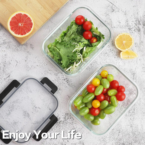 Glass Meal Prep Containers Set With Locking Lids, Borosilicate Glass Food Storage filled with vegetables, airtight and leak proof