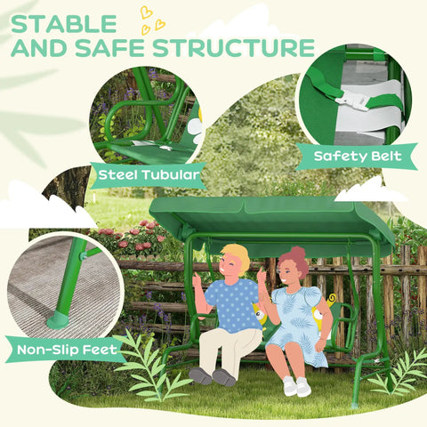 Kids Patio Swing 2-Seater Outdoor Swing Chair With Adjustable Canopy And Safety Belt Lion Pattern Hanging Swing Bench