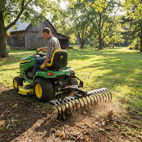 Man on tractor using Cat-0 Agricultural Field Landscape Rake With Spring Steel Tines For Quick Clearing Of Debris, Leaves, Thatch And More