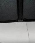 Close-up of Custom Tailored Four Piece Tesla Model Y Sunroof Solar Shades In Slick Light Grey with center locking magnets.