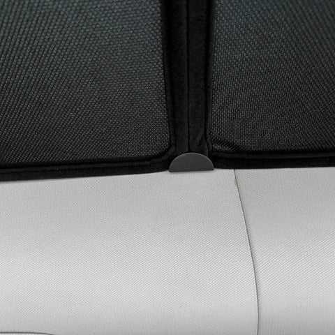 Close-up of Custom Tailored Four Piece Tesla Model Y Sunroof Solar Shades In Slick Light Grey with center locking magnets.
