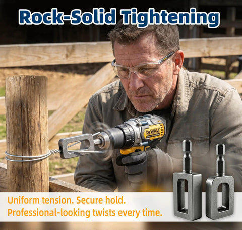 Heavy-Duty Wire Twister Tool For Drill With One Quarter Inch Hex Shank in use on a wooden post, showcasing strong twisting capability.