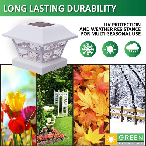 White Solar Post Cap Lights For 4x4 And 5x5 Vinyl Fence Posts Waterproof Outdoor Post Lights 8 Pack Fits 4x4 And 5x5 Posts Solar Powered With Ni-Cd Battery Included shown in a garden setting with seasonal imagery.
