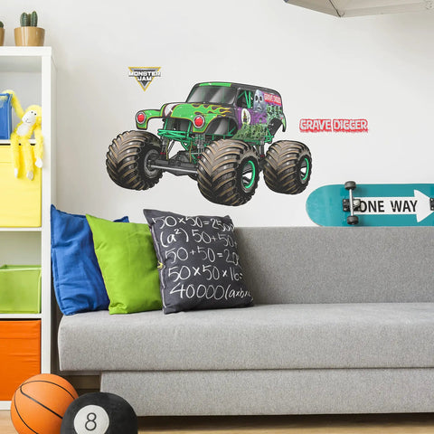 Grave Digger Monster Jam Wall Decal With 3D Augmented Reality Interaction Peel And Stick 28 Inch Epic Wall Decor on white wall