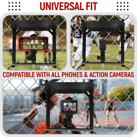 Fence Mount For Cell Phone With Shade And Power Bank Pouch Outdoor Phone Holder Kit That Reduces Glare Keeps Screen Visible And Cool No Fuss Easy Install For Deck Or Fence Rail Game Changer Mounting Kit on chain-link fence with phone and action camera