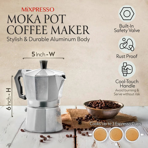 3 Cup Aluminum Moka Pot Stovetop Espresso Maker For Gas And Electric Stoves Cuban And Italian Style Coffee Brewer in kitchen setting