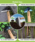 Various uses of Next Gen Japanese Weeding Sickle And Razor Hand Hoe for corner and precise weed removal in garden beds.