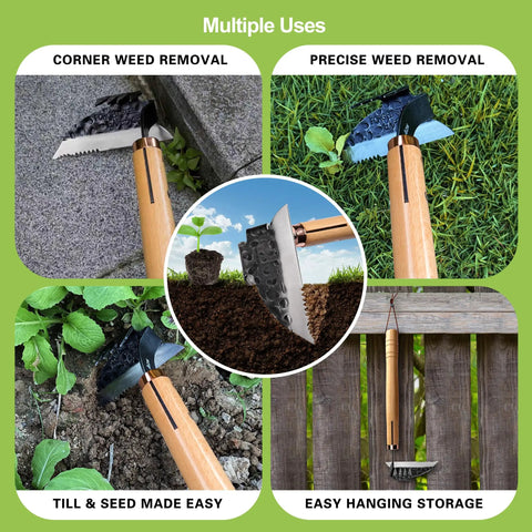Various uses of Next Gen Japanese Weeding Sickle And Razor Hand Hoe for corner and precise weed removal in garden beds.